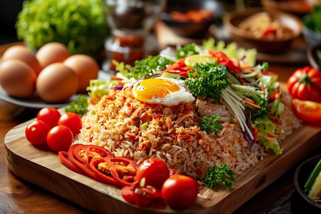 Foto arroz com salada de frango em uma exposição vibrante