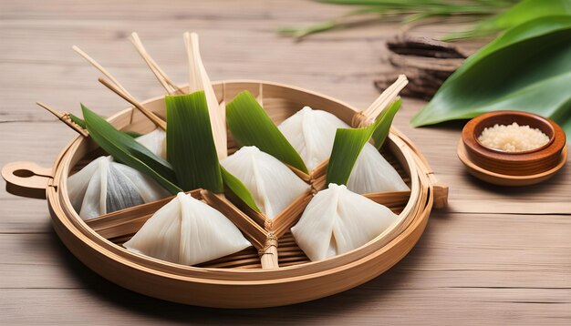 Foto arroz com uma cesta de arroz de bambu