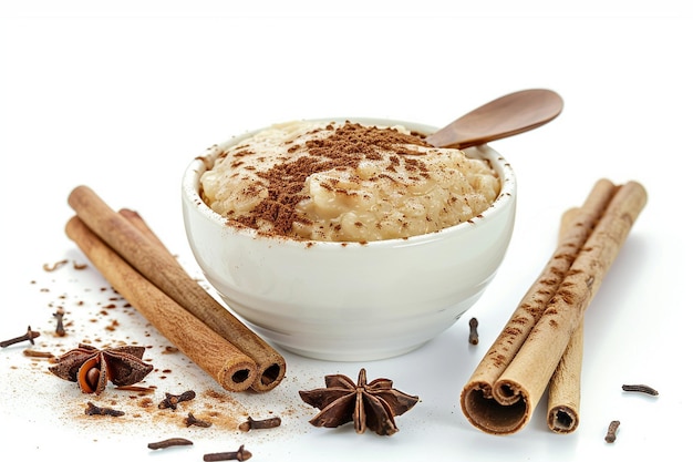 Foto arroz con leche pudim de arroz com canela em tigela branca isolado em fundo branco