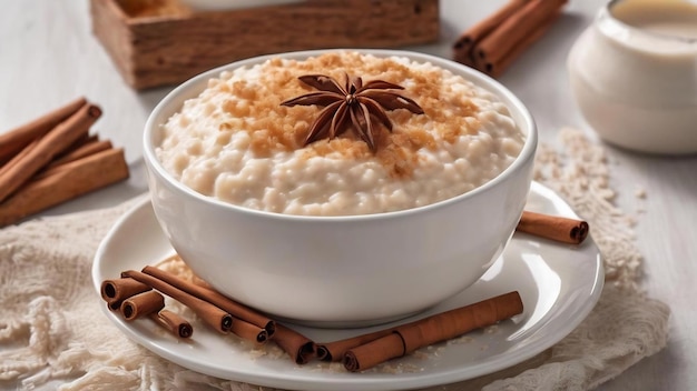 Arroz con leche pudim de arroz com canela isolada em fundo branco