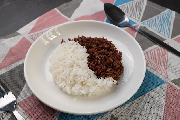 Arroz cozido branco e marrom, dispostos em círculos em um prato branco.