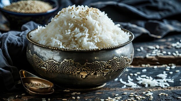 Arroz cozido em uma tigela de metal Um monte de arroz cozido ao vapor com sementes de gergelim em pedra escura