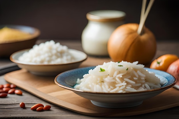 Arroz y un cuenco de arroz con una cuchara de madera.