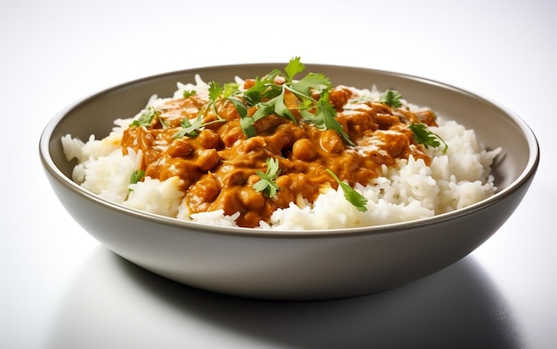 Arroz con curry en fondo blanco AI