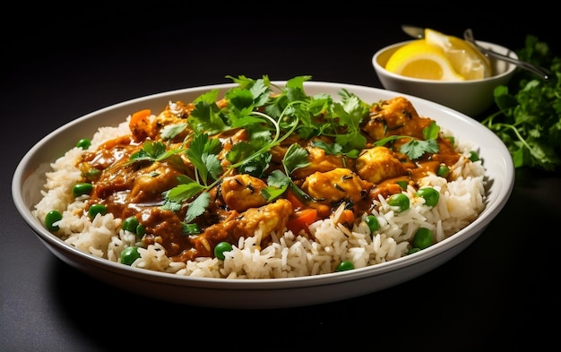 Arroz con curry en fondo blanco AKI