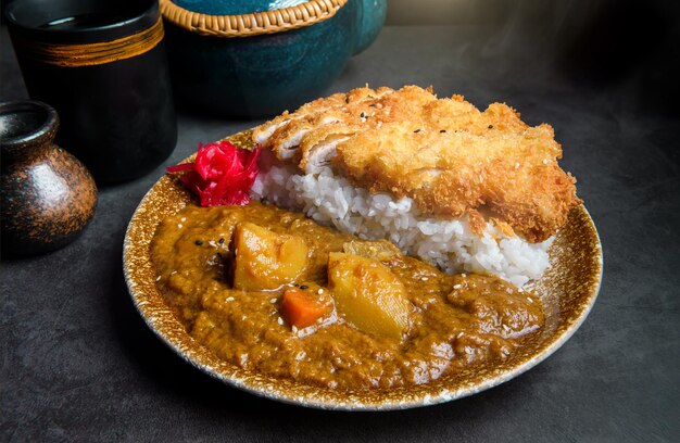 Foto arroz curry japonés con pollo frito en un fondo gris oscuro