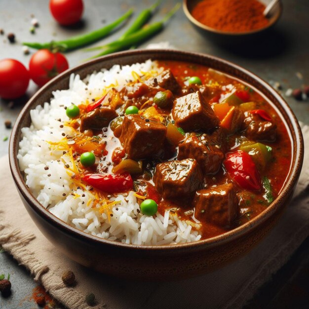 Arroz con curry de ternera y guisantes