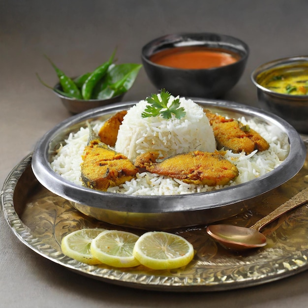 Foto arroz dal frito peixe cortado frito comida odia comida indiana