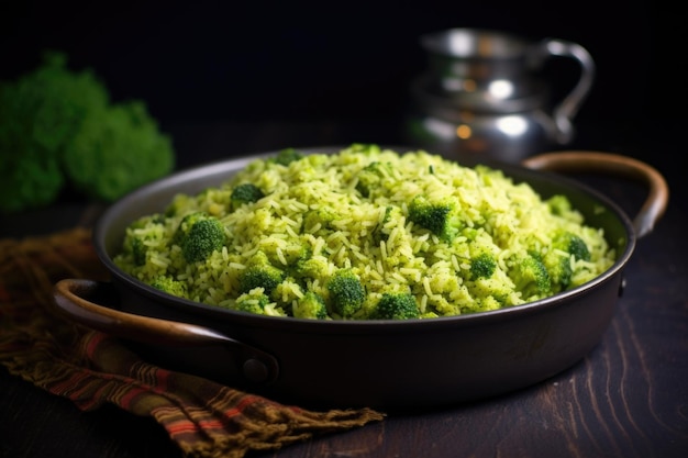 Arroz de brócolis contra fundo escuro com holofotes