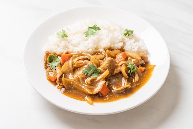 Arroz de caril japonês com cenoura fatiada e cebola