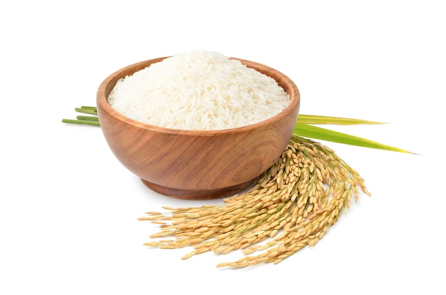 Arroz de jasmim branco em uma tigela de madeira com arroz em casca isolado no fundo branco.