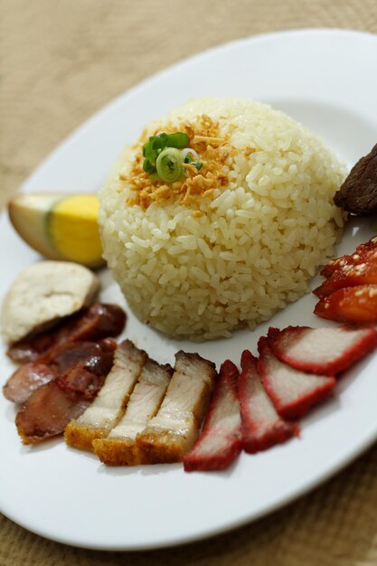 Foto arroz e carne no prato