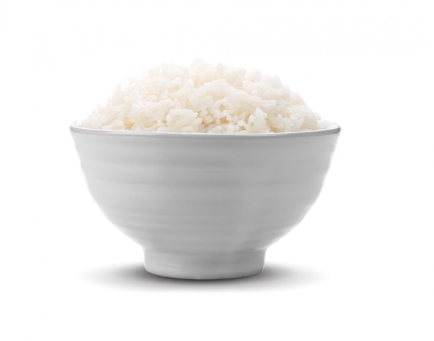 Foto arroz em uma tigela branca no espaço em branco