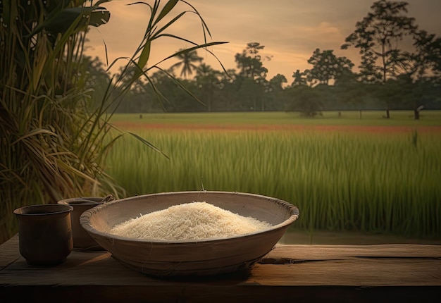 Arroz em uma tigela com um campo verde ao fundo