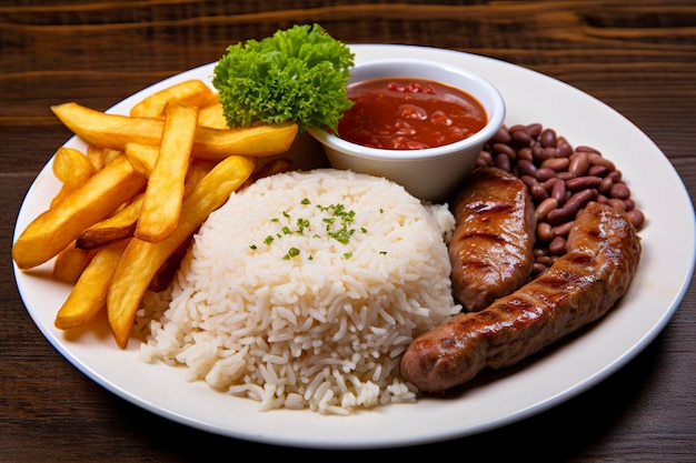 Arroz frijoles papas fritas y carne