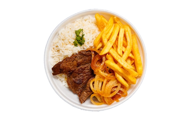 Arroz, frijoles, papas fritas y filete de ternera