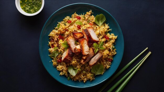 Arroz frito con albahaca tailandesa y carne de cerdo crujiente estilo de comida tailandesa