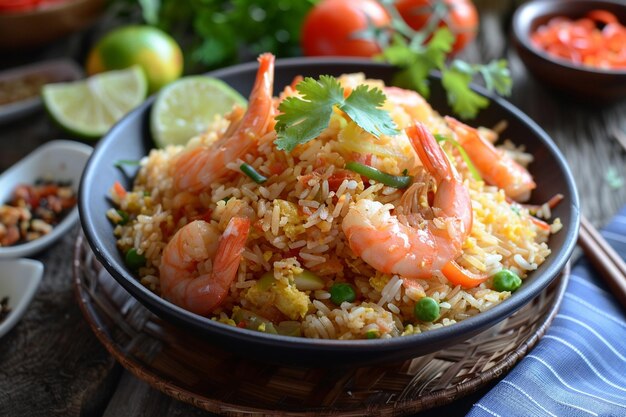 Arroz frito con camarones y tomates