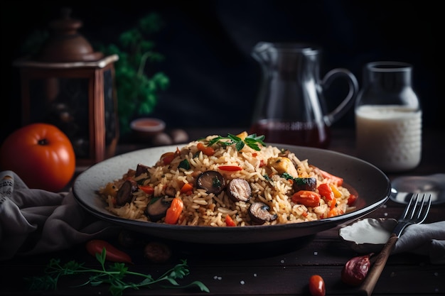 Arroz frito con carne y verduras en un plato de fondo negro