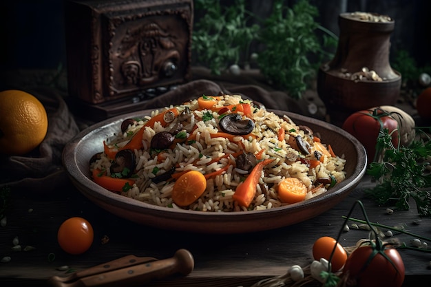 Arroz frito con carne y verduras en un plato de fondo negro