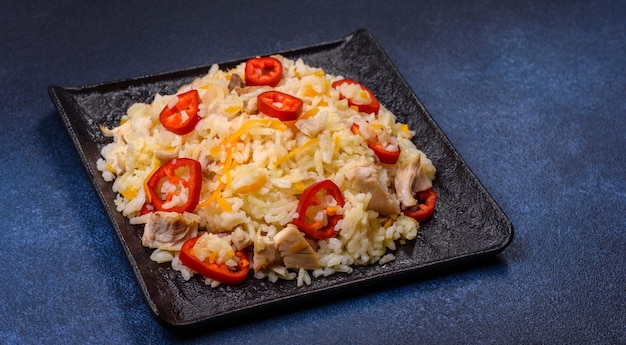 Arroz frito chino casero con verduras y pollo