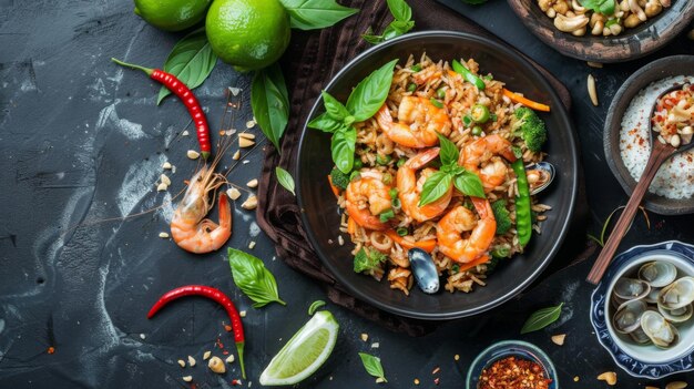 Foto arroz frito com camarão verde, mexilhões e lulas com manjericão sagrado tailandês.