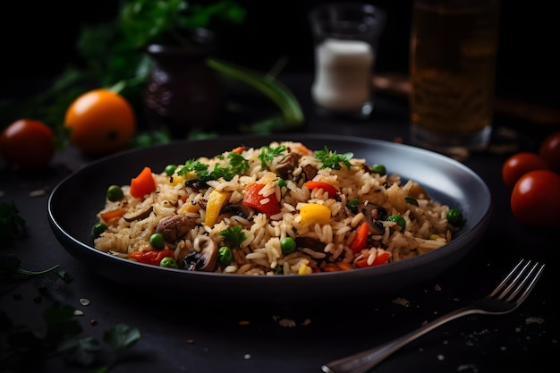 Arroz frito com carne e legumes em um prato em um fundo preto