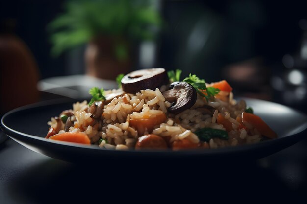 Arroz frito com carne e legumes em um prato em um fundo preto