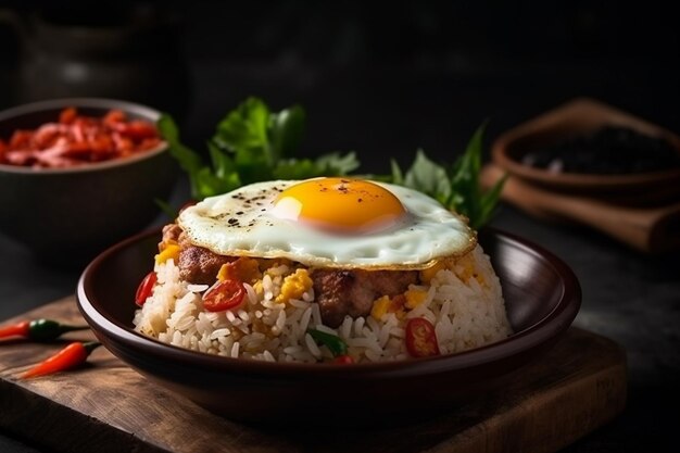 Arroz frito com ovo frito ilustração de fotografia de comida deliciosa criada com IA generativa