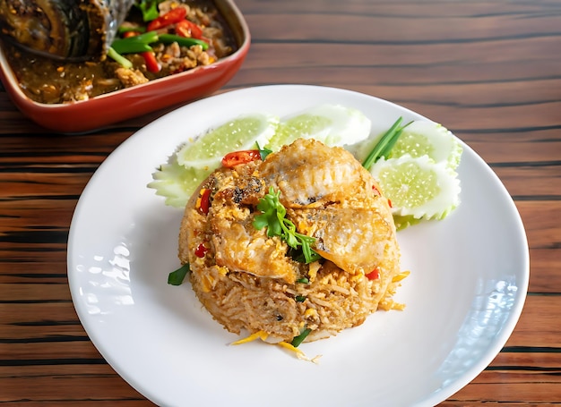 Arroz frito com peixe gourami crocante estilo de comida asiática comida tradicional da Tailândia