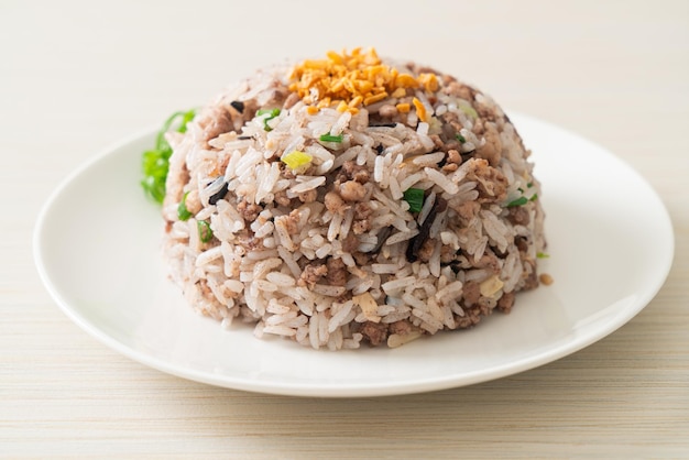 Arroz frito de azeitona preta chinesa salgada com carne de porco picada - comida asiática