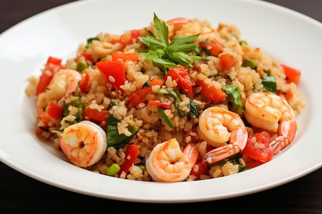 Arroz frito de couve-flor com camarão e legumes