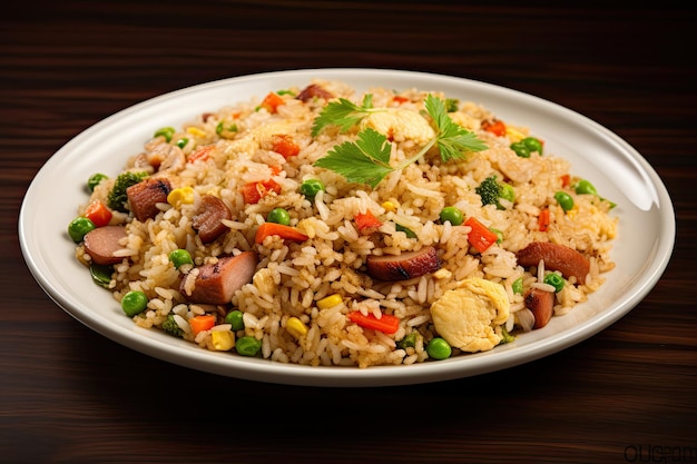 Arroz frito de cozinha chinesa com legumes e carne