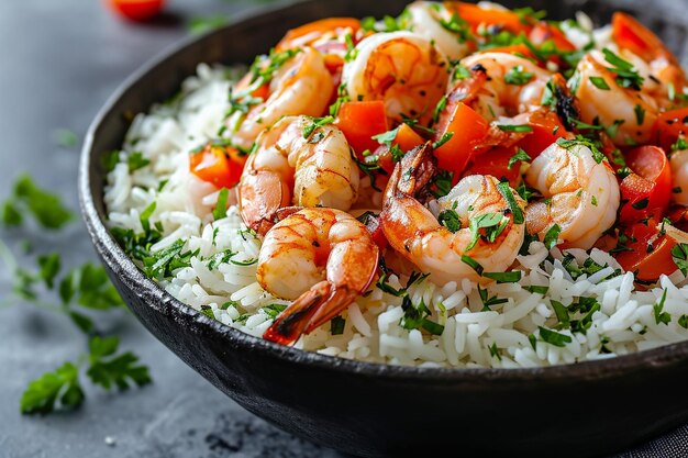 Arroz frito con gambas y tomates