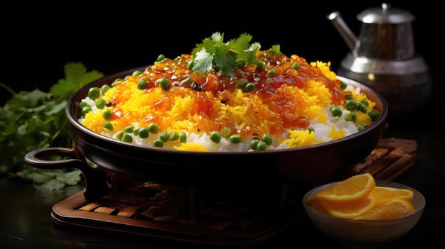 arroz frito con gambas y verduras en un plato con un fondo borroso
