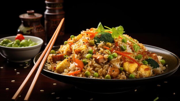 arroz frito con gambas y verduras en un plato con un fondo borroso