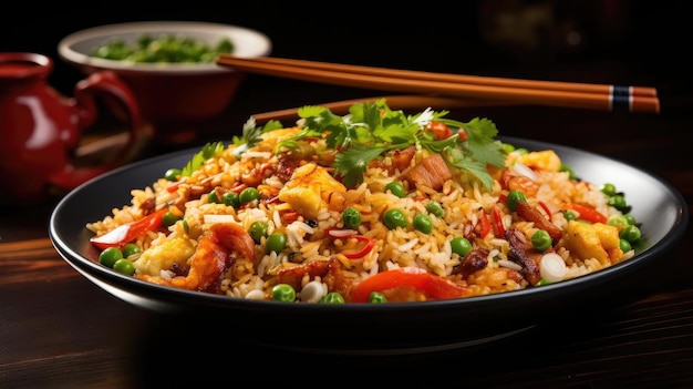 Foto arroz frito con gambas y verduras en un plato con un fondo borroso