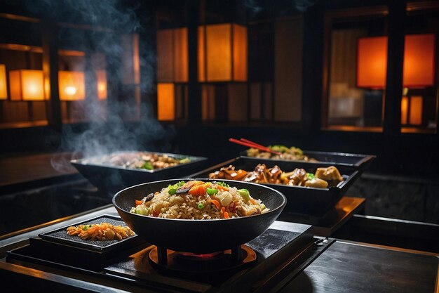 Foto arroz frito hibachi japonês no teppanyaki grill