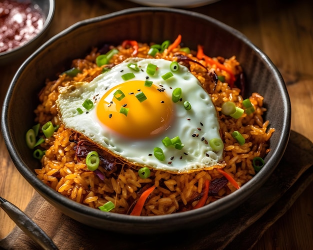 Arroz frito con kimchi picante, ternera y huevo IA generativa