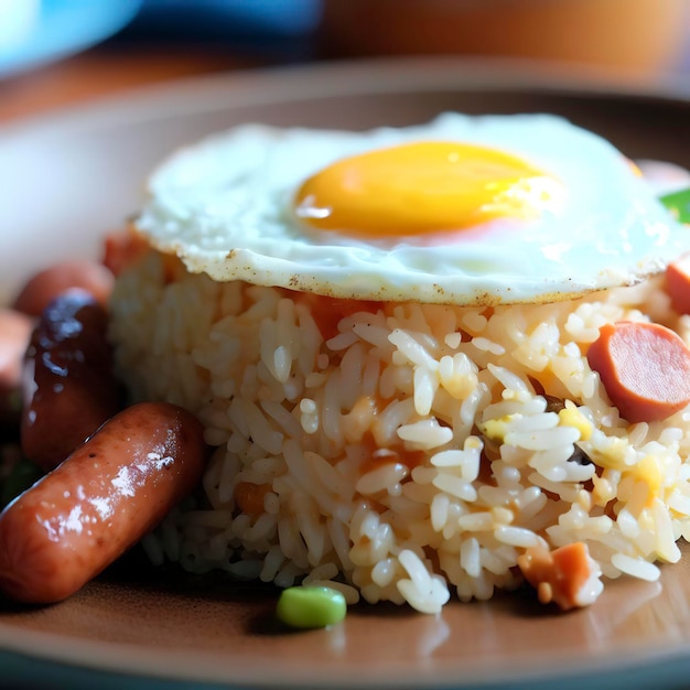 Arroz frito con salchichas y huevo frito