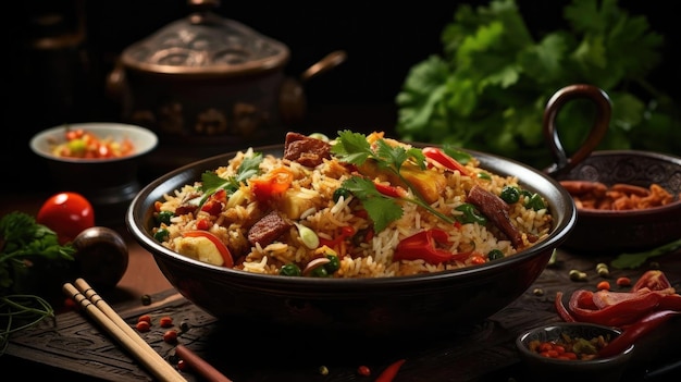 Arroz frito con verduras y carne picadas en un plato con un fondo borroso