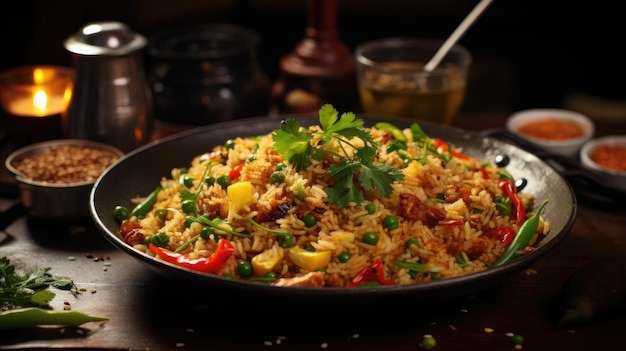 Arroz frito con verduras picadas y carne en un plato de fondo borroso