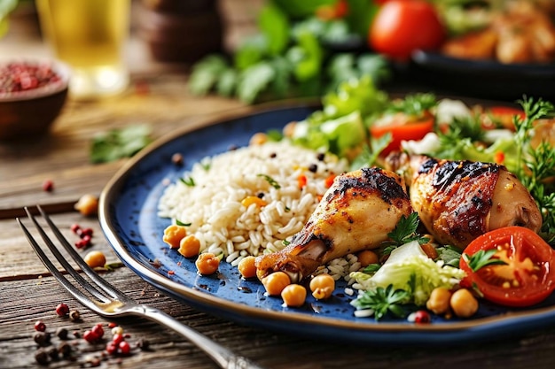 Arroz con garbanzos y patas de pollo en un plato azul