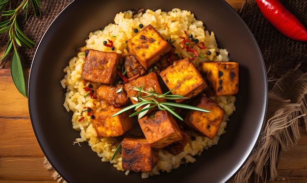 Arroz y guisantes con tofu jerk que es sabroso y picante IA generativa