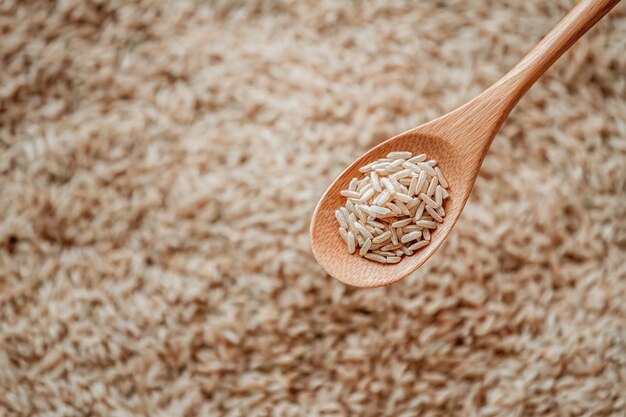 Arroz integral en cuchara de madera o bambú