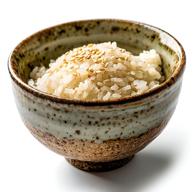 Arroz japonés con semillas de sésamo en un cuenco aislado sobre un fondo blanco