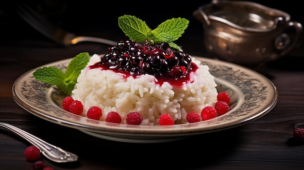 Arroz con leche con frutos del bosque en un plato