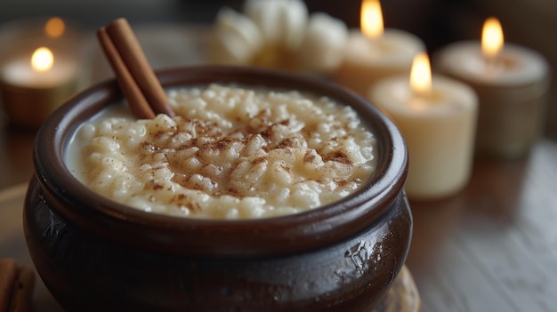 Arroz con leche con un palo de canela la textura cremosa iluminada por la luz de las velas