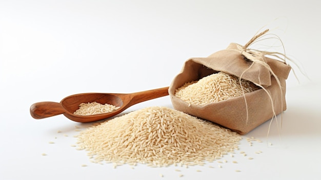 Foto arroz longo em saco de lã e colher de madeira em branco b
