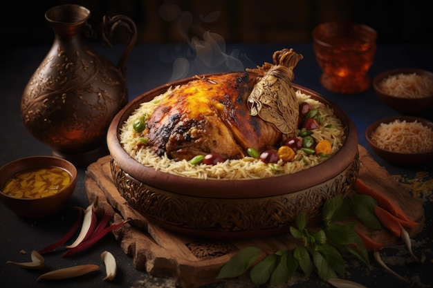 Arroz mandi kabsa estilo iemenita e frango assado em uma refeição festiva